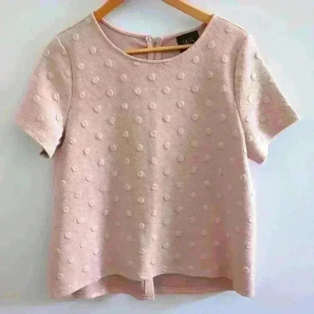 W5  | Women's Soft Pink Short Sleeve Polka Dot Zip Up Oversized Sweater